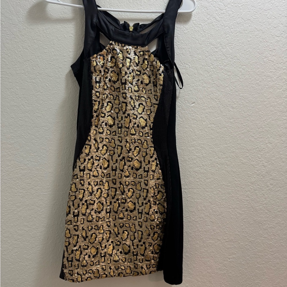 Bebe Black and Gold Animal Print Mini Dress